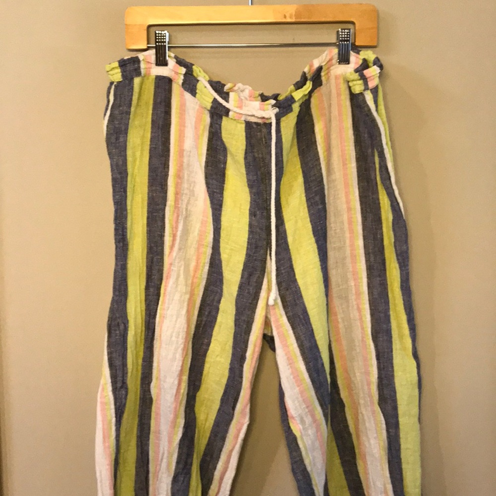 LOFT Drawstring Stripes Linen Crop Pants